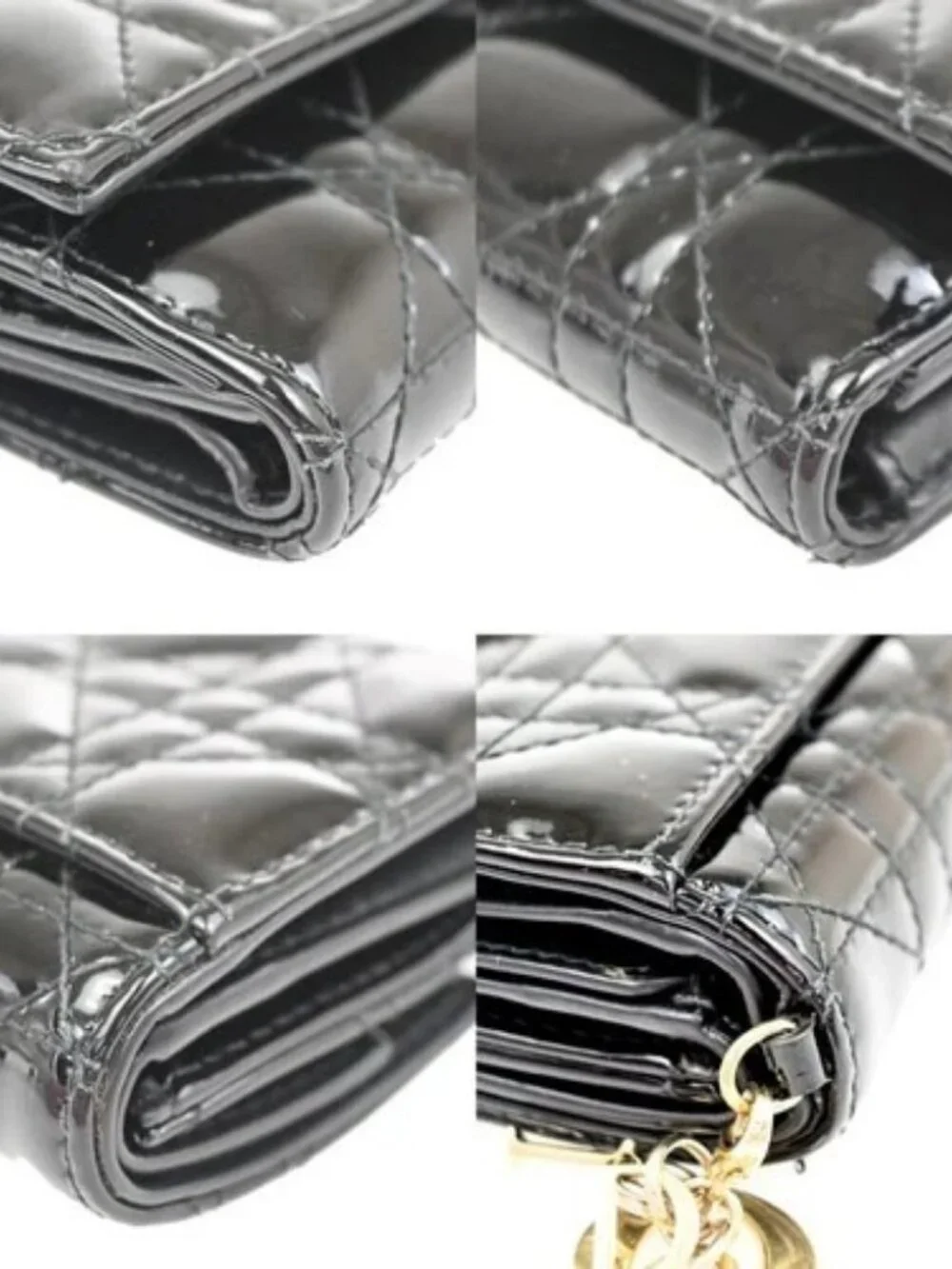CHRISTIAN DIOR Logo Cannage Trifold Compact Wallet Patent Leather Black 34KC613